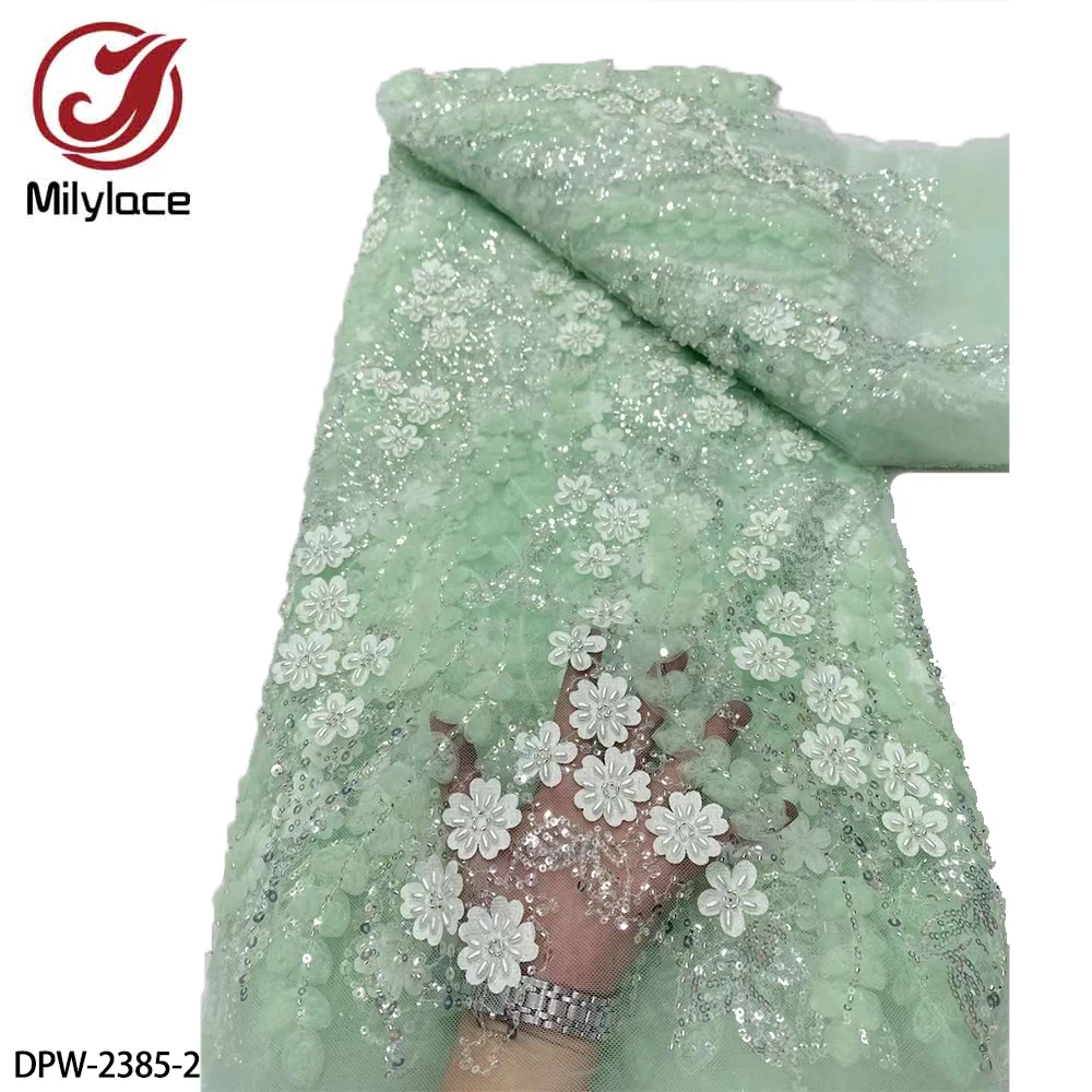 Latest Nigerian Sequins Lace Hand Beaded Fabric Luxury French 3D Flower Embroidery Lace Fabric for Wedding DPW-2385