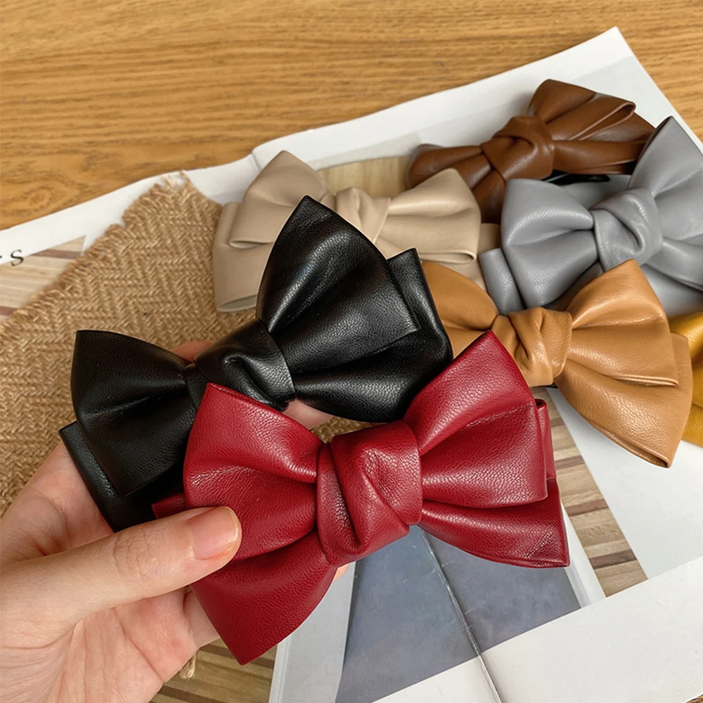 Winter Fashion PU Leather Solid Color Bow Hairpin Duckbill Spring Clips Hair Ornament Girls Headwear Accessories for Women