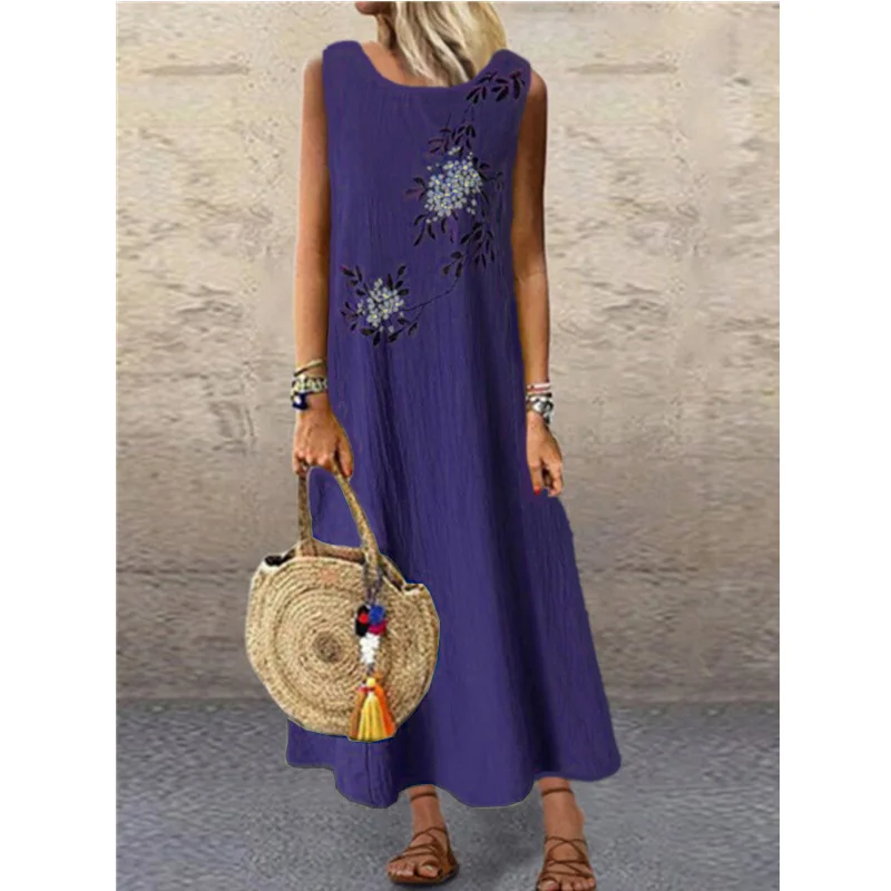 2024 Woman Summer Dress Vintage Cotton Linen Sleeveless Flowers Printed Long Dress Casual Loose Clothing Streetwear Maxi Dresses