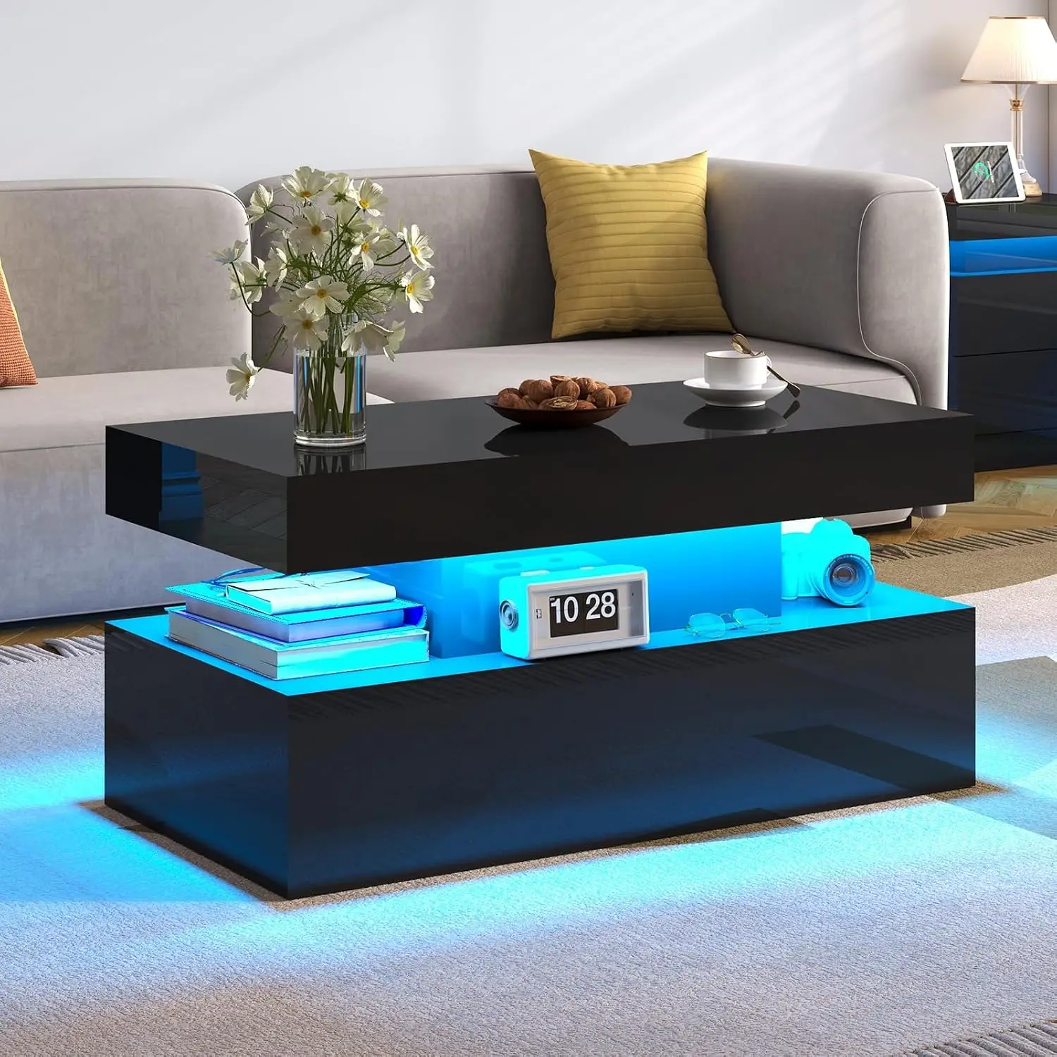 High Gloss LED Coffee Table 2-Tier Storage Black Minimalist Center Shelf Living Room & Office, Customized