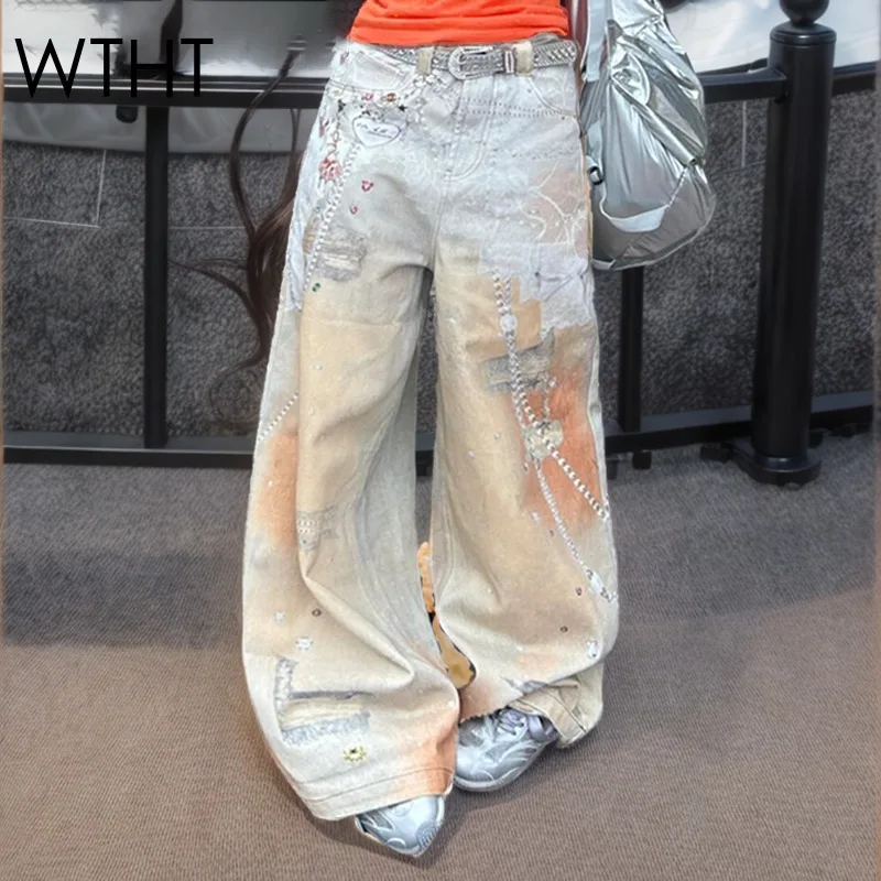

WTHT New Fashion Women Lace Metal Chain Print Design Straight Jeans 2025 Summer Trendy High Waist Wide Leg Jeans Female 1LS1697