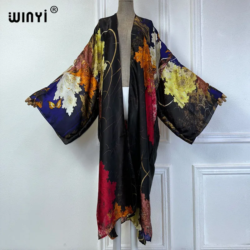 WINYI 2024 summer kimono boho print beach cover up Swim Suit elegant African women boho Cardigan sexy Holiday silk feeling dress