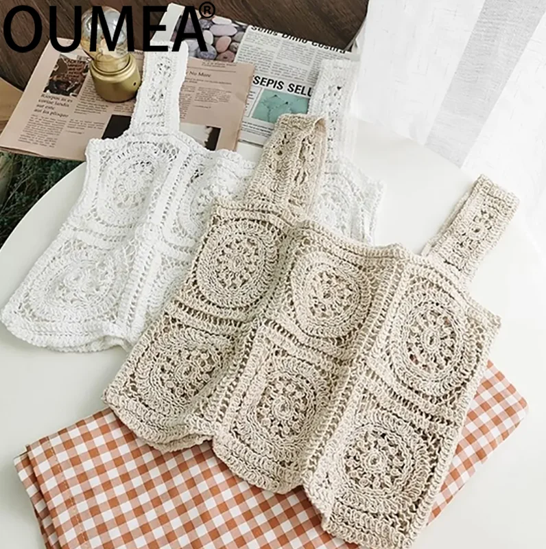 OUMEA Women Knitting Crop Tank Tops Summer Crochet Sleeveless Patchwork Beach Tops Casual Going Out Sweet Korean Style Cute Tops