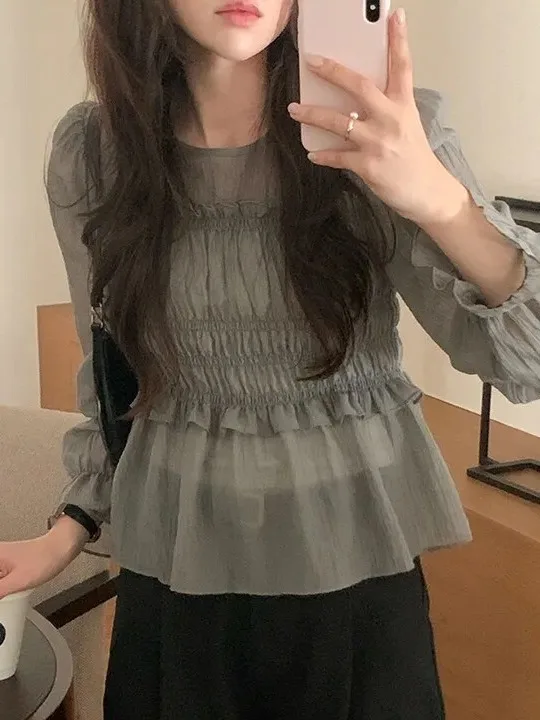 Sweet Feminine Wooden  Ruffle Sleeve Chiffon Top Women Early Spring New Waist Cinching Slimming Thin Style Korean Fashion