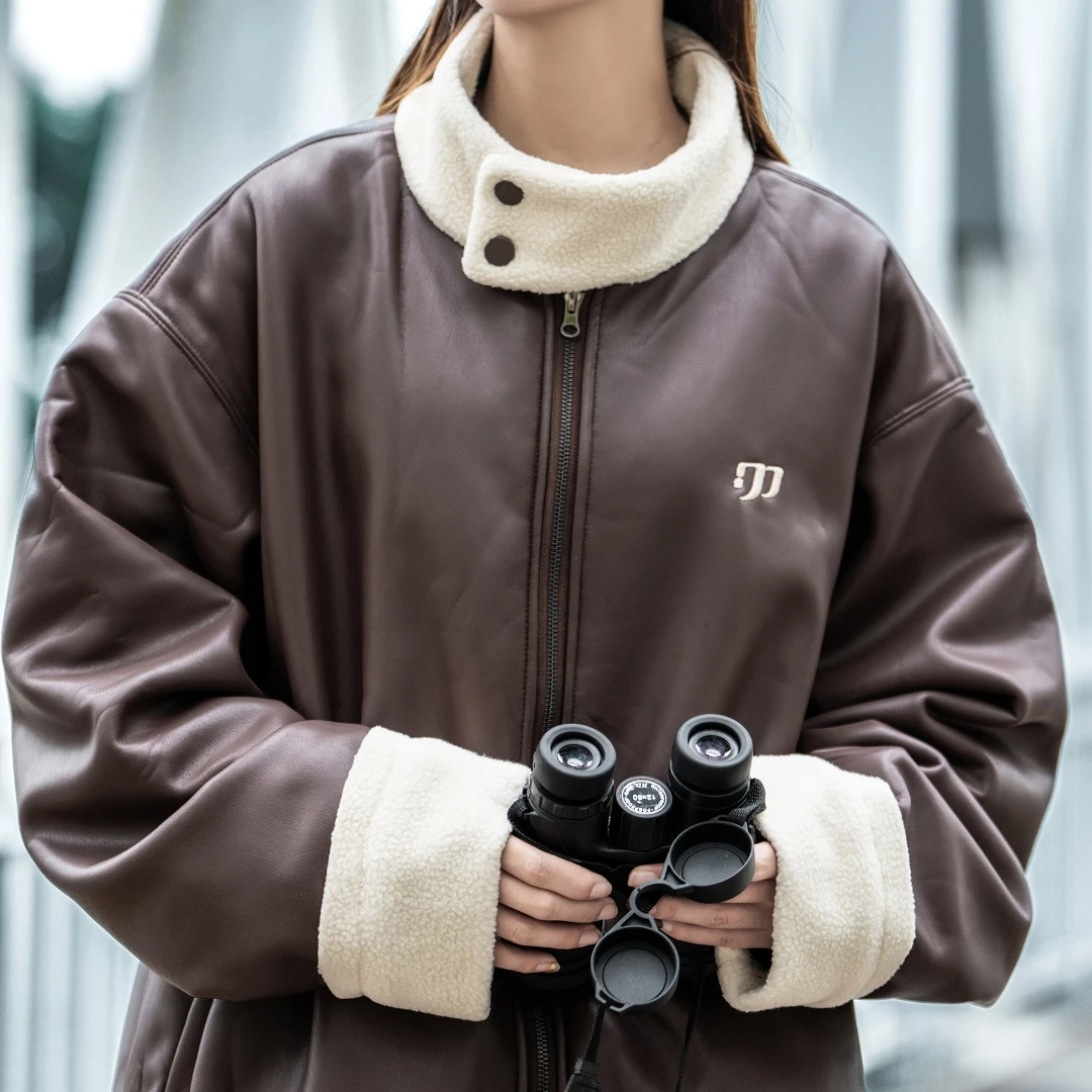 سترة شتوية للدراجات النارية من البولي يوريثان مبطنة بشيربا أمريكية عتيقة للجنسين، ملابس شتوية شديدة التحمل، معطف صوف بني عالي الجودة #3