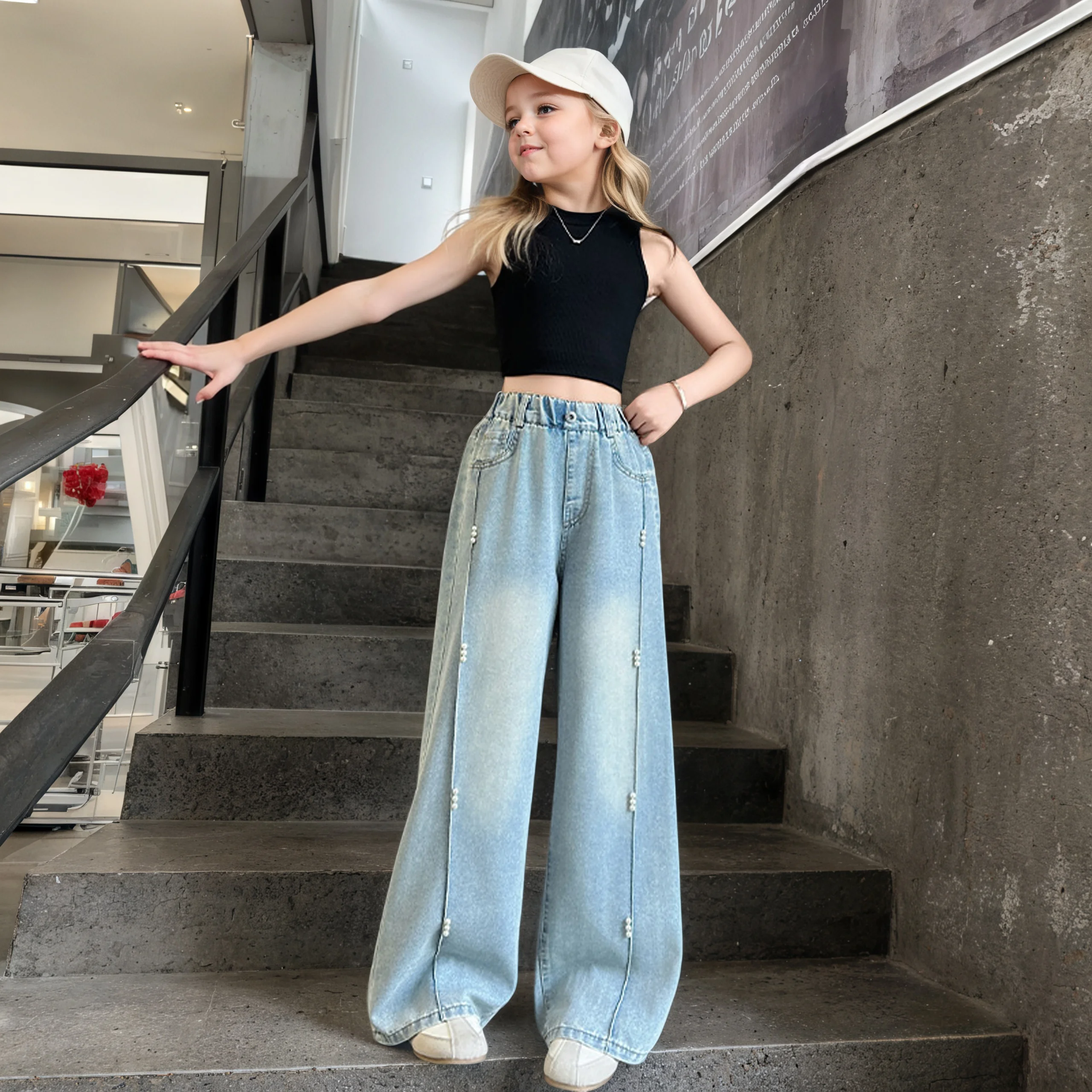 Girls' versatile order pearl wide-leg pants 2025 new product fashionable and versatile medium and large children's slimming wide