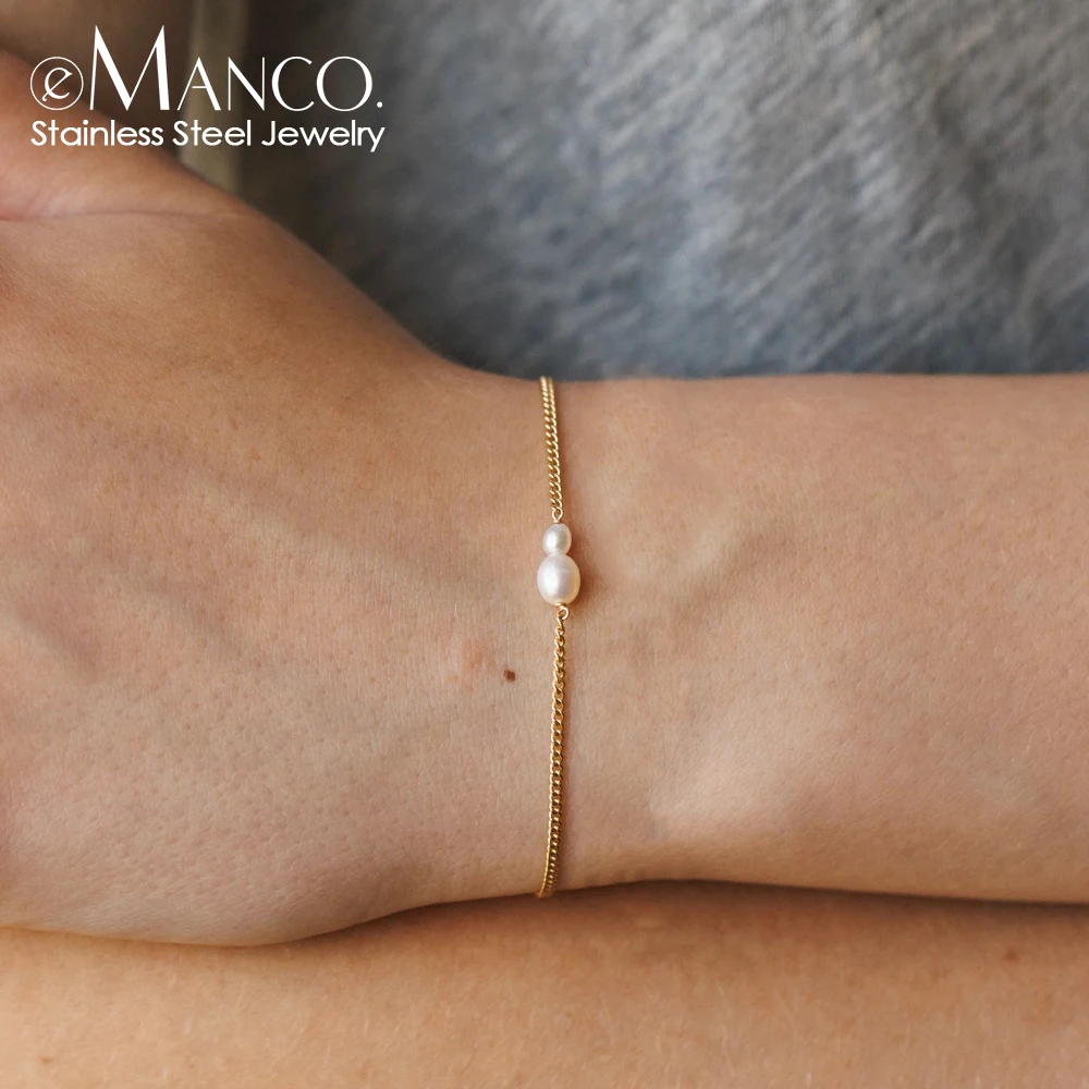 EMANCO Stainless Steel Freshwater Pearls Simple Elegant Cuban Chain Bracelet for Women Girl Jewelry Dropship Factory Direct