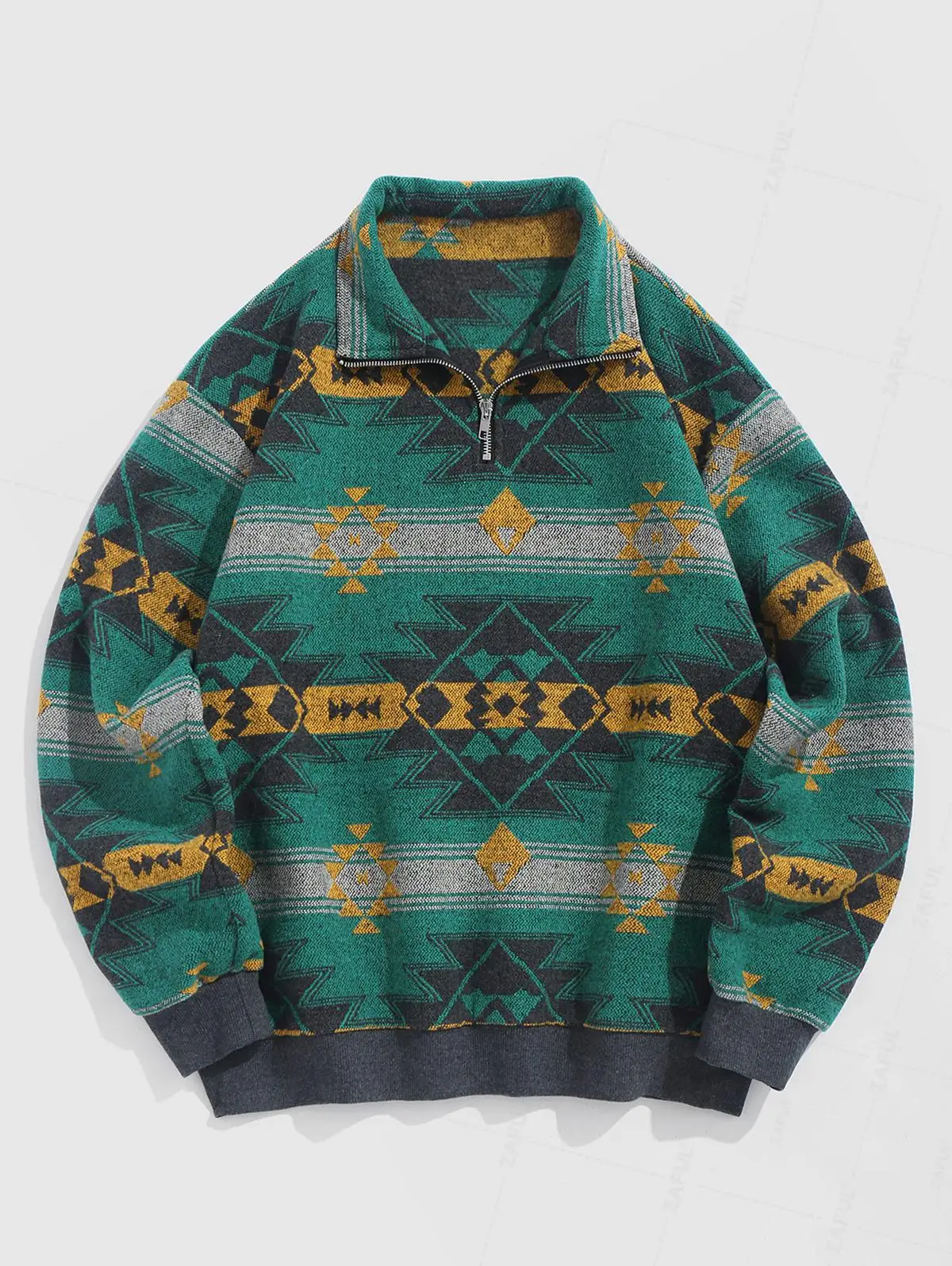 ZAFUL Men's Ethnic Aztec Printed Stand Collar Pullover Sweatshirt Fuzzy Fleece Quarter Zip Closure Fashionable Casual Sweatshirt