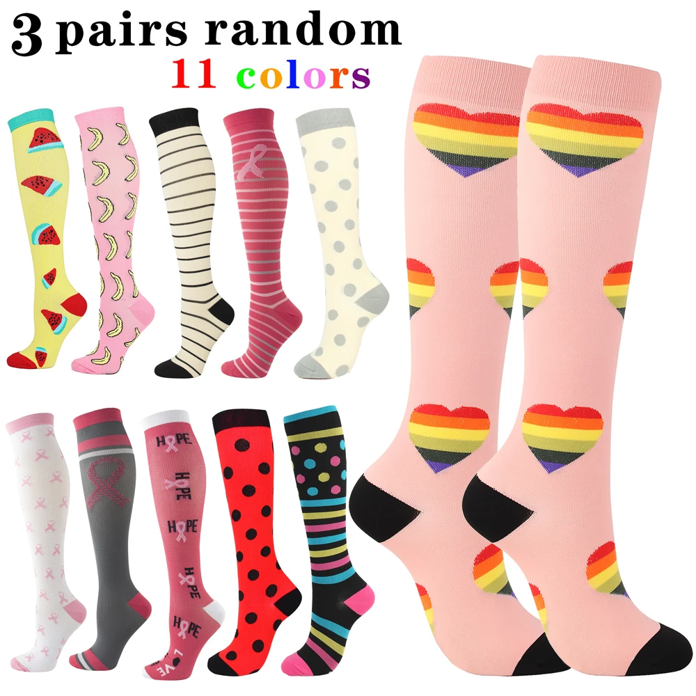 3 Pairs Random Color Compression Socks Women Promote Blood Circulation Tight Socks Gym Hiking Running Cycling Street Trend Socks