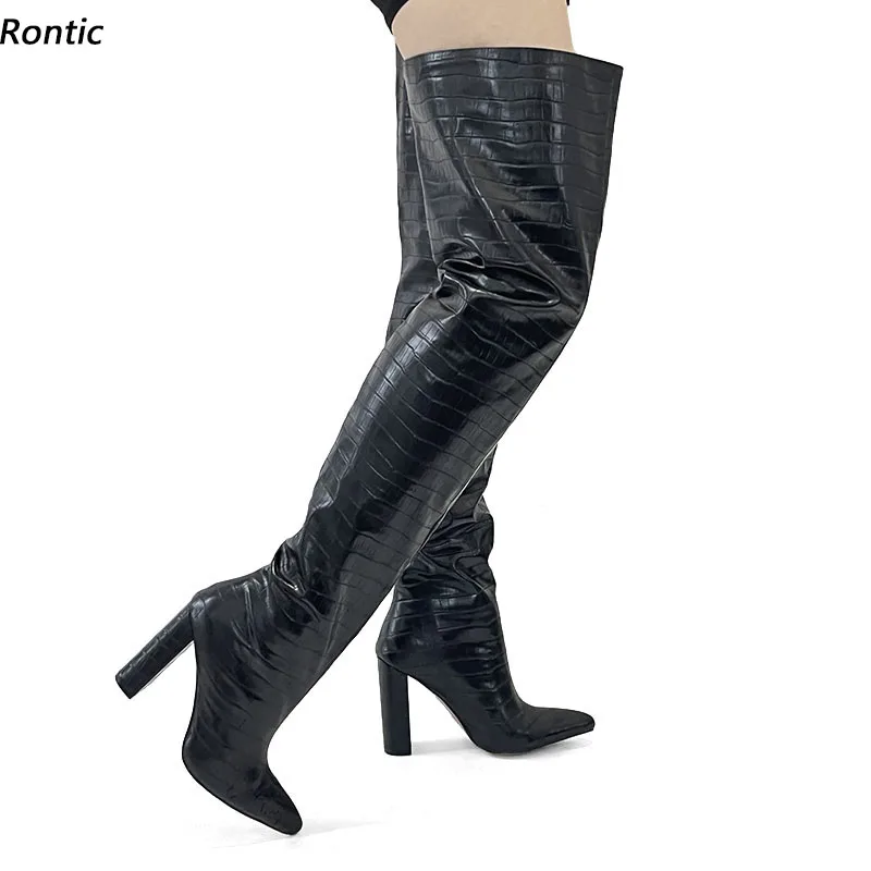

Rontic Handmade Ladies Winter Thigh Boots Slip OnChunky High Heels Pointed Toe Elegant Black Party Shoes US Plus Size 5-10.5
