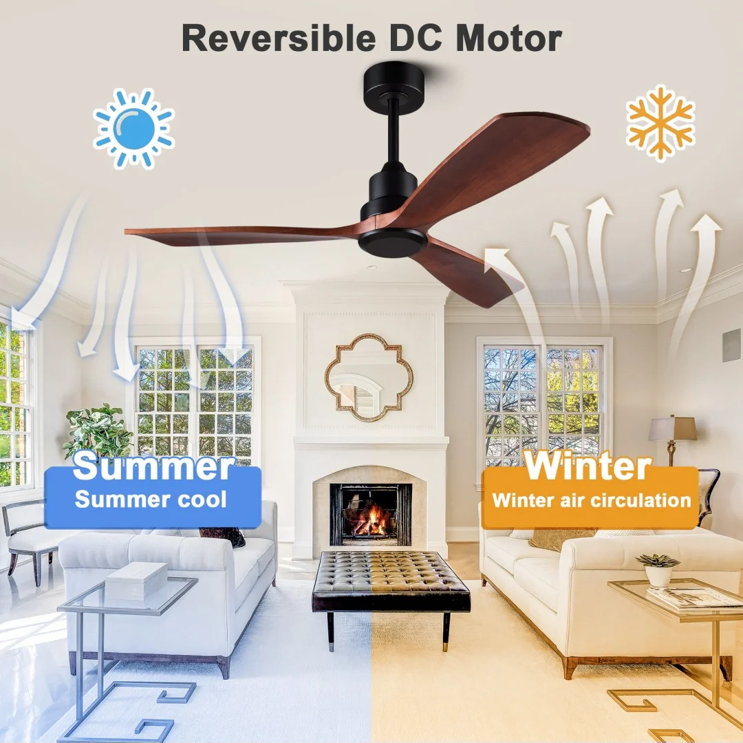 52 Inch Natural Wood Ceiling Fan with Remote Control 3 Fan Blades Reversible DC Motor Ceiling Fan Decorative Home Ceiling Fans