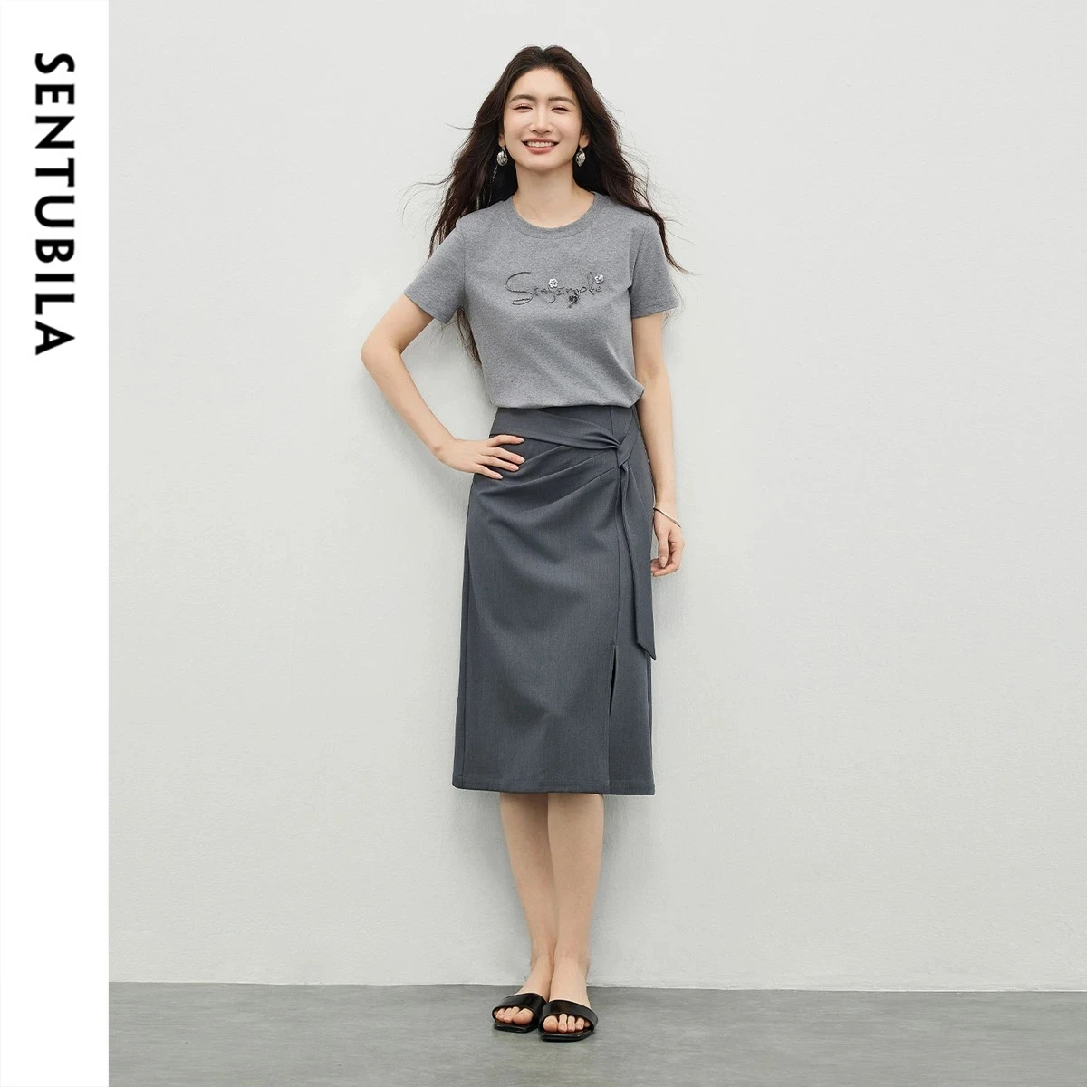 SENTUBILA Women Gray Crew Neck Beaded Letter Cotton T-shirt with Slit A-line Skirt Two-piece Set 2026 Summer Casual 162ZA6423Z