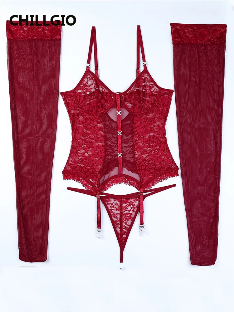 

CHILLGIO Women Tight Lace Bra Brief Suit Luxury Party Push Up Erotic Lingerie 3 Piece Intimate Pajama Sexy Lingerie Stocking Set