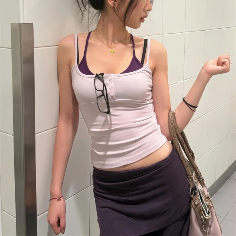 Vintage Fake Two Piece Halter Lace Up Basic Camis Y2k Slim Fit Cropped Tops Women Sleeveless Camisole