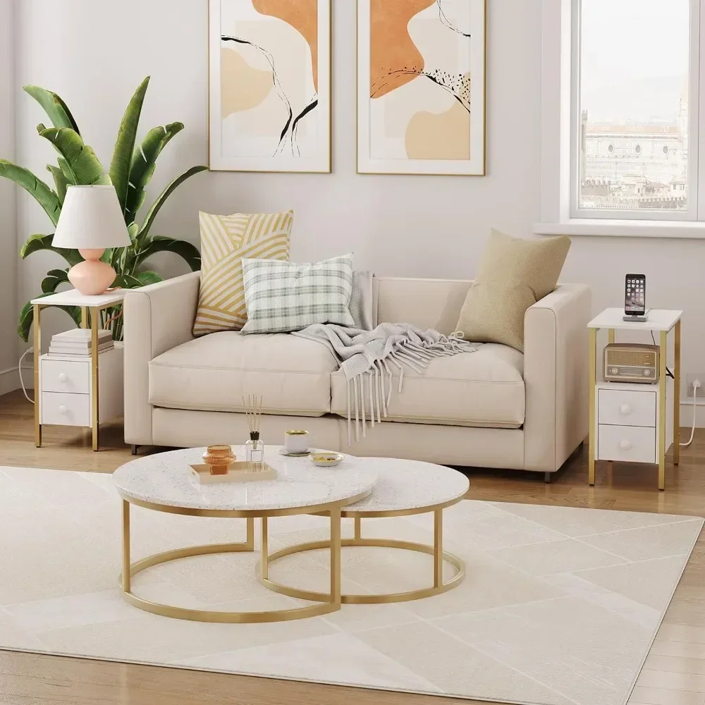 End Table with Charging Station, Narrow Side Table with 2 Drawer & USB Ports & Power Outlets, Nightstand for Small Spaces