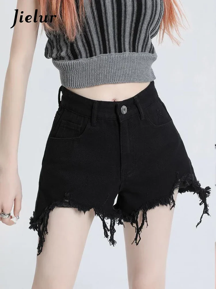 

Jielur, новые летние черные джинсы с высокой талией, однотонные тонкие женские шорты с карманами и пуговицами, женская модная уличная одежда, офисная женская одежда