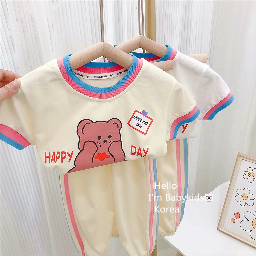 2024 Summer Toddler Girl 2PCS Clothes Set Rabbit Bear Short Sleeve Top Side Strped Pant Baby Girl Outfit Korean Infant Girl Suit