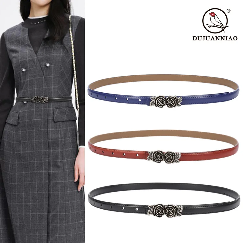 

Double Rose Flower Hook Buckle Women Waist Belt Luxury Cow leather Slim Belts Women Blue Purtple Green White Cowskin Belt Strap