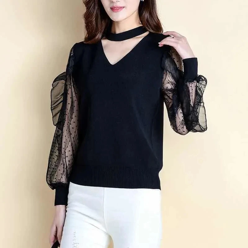 Sweet Hollow Out Princess Sleeve Beading Gauze Lace Blouses Female Clothing Spring Autumn Loose Korean Tops All-match Shirts