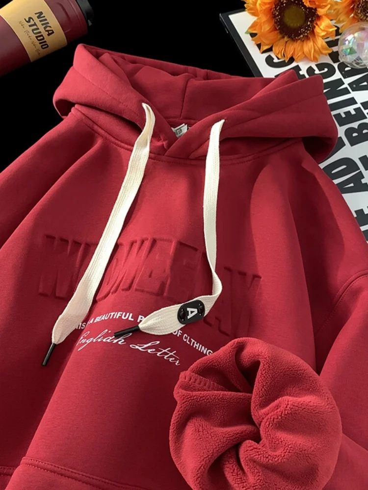 

American Sle Fce Lined Hoodie Men Winter Thiened Warm Red Outerwear Youth Luy Year Trendy Casual Long Sve Sweatirt