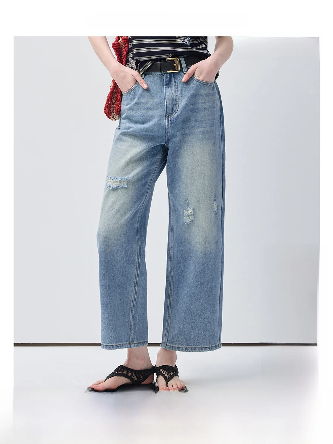 

Vintage Style Light Oxygen Denim Jeans High Waist Straight Leg Pants Anti-Wrinkle Hole Design Commute Wind Summer New Arrival