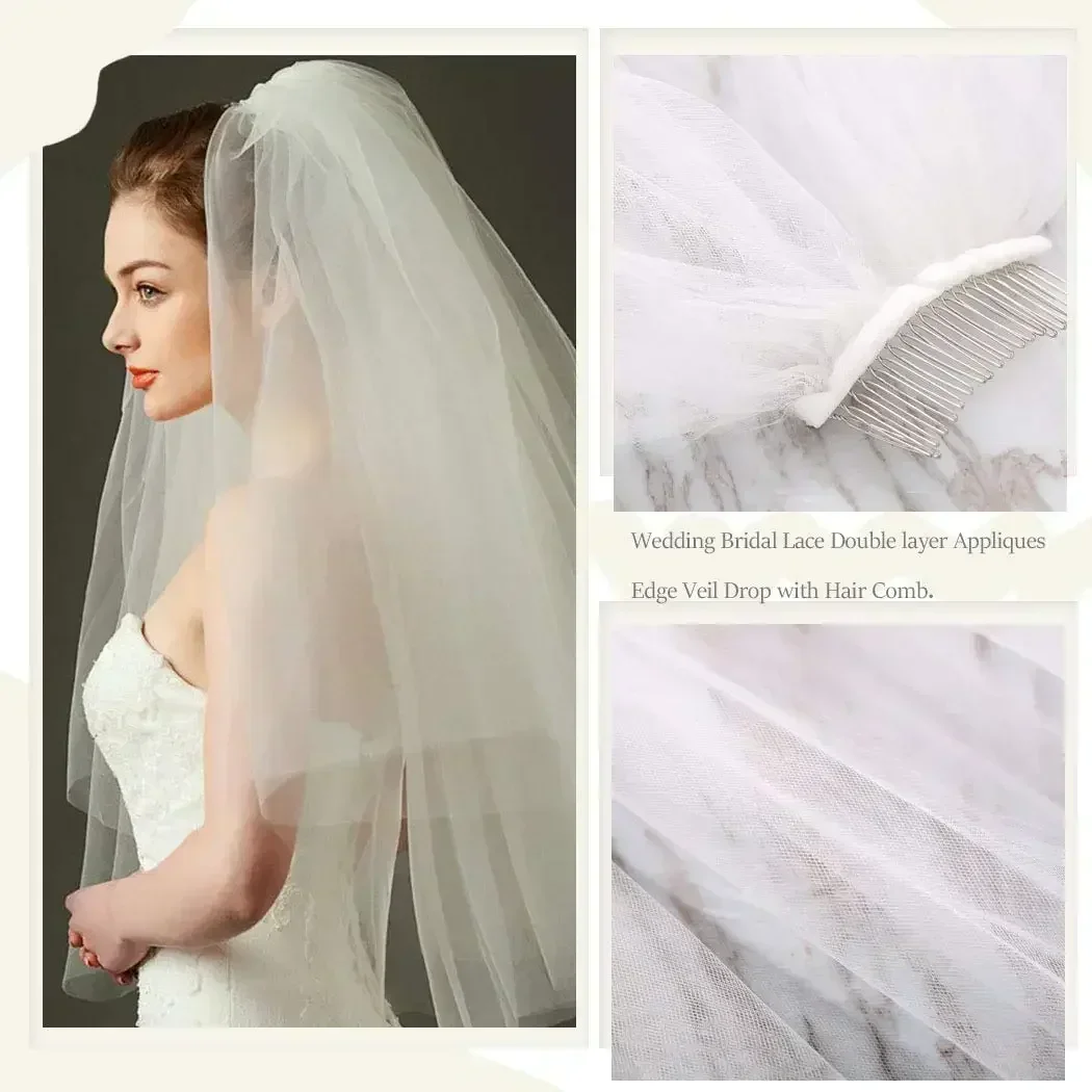 Bridal Wedding Veils Short 2 Tier White Tulle Blusher Veil with Comb Bride Hair Accessories for Women and Girls (White)