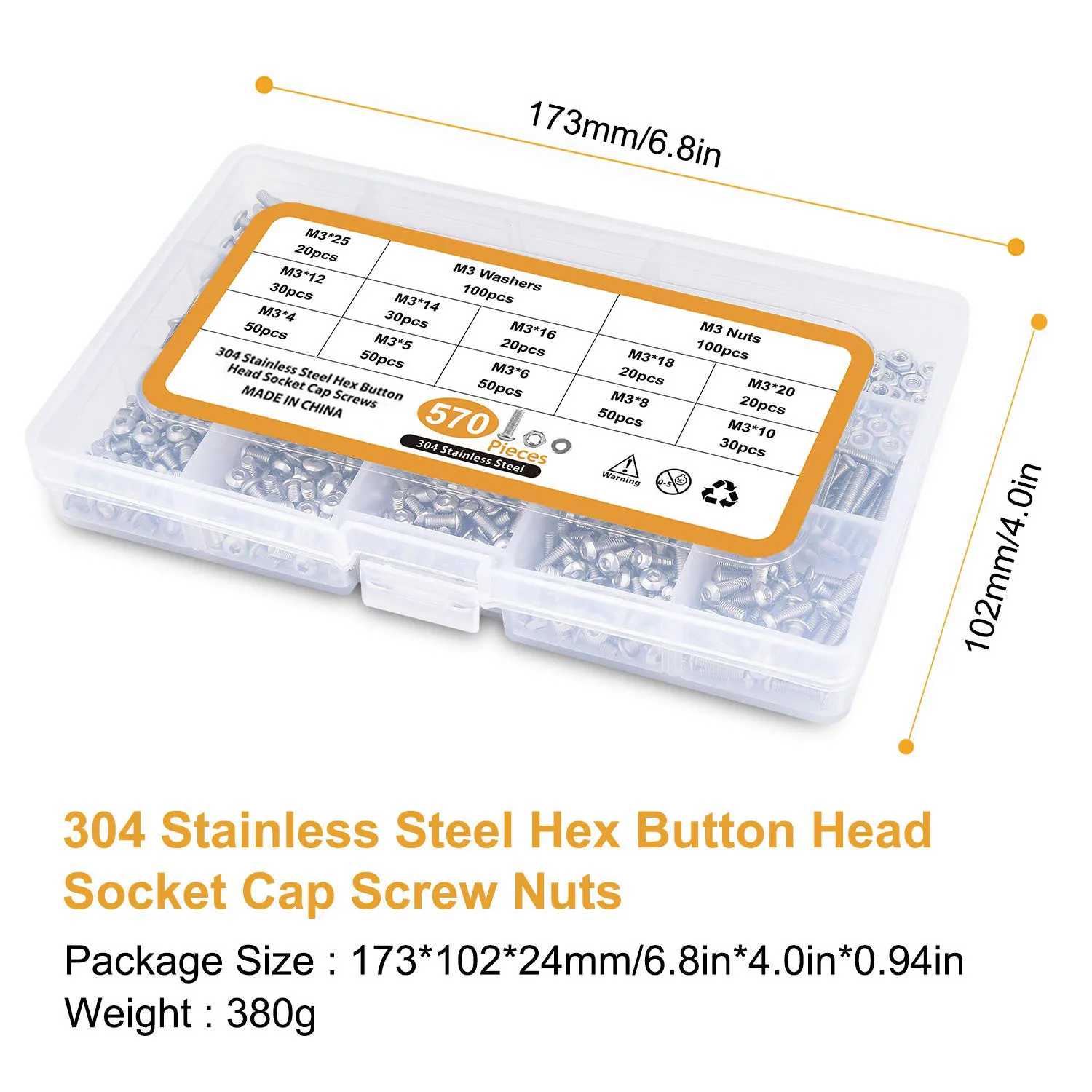 570Pcs M3 screw set M3*4-30,304 Stainless Steel Allen Hexagon Hex Socket cap Button Head Screw Bolt Washer Nut Assortment Kit