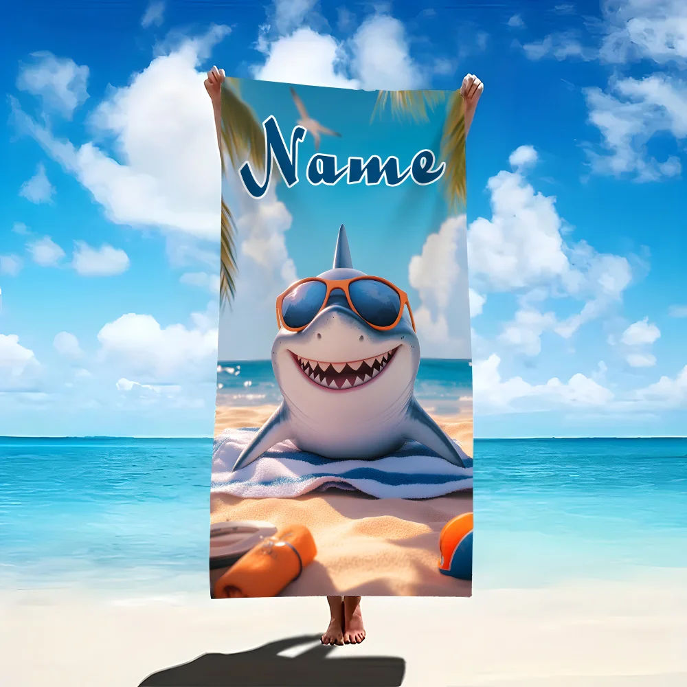 1pc Cute Sunbathing Shark Pattern Beach Towel, Custom Name Beach Towel, Super Absorbent Quick-Dry Beach Towel, Summer