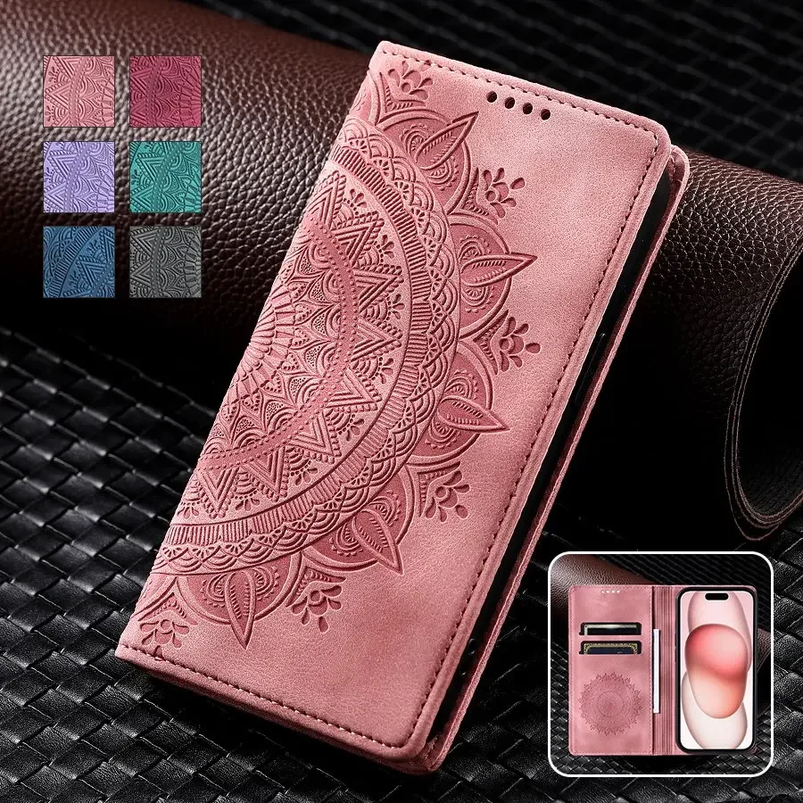 Relief Mandala Magnetic Wallet Case for iPhone 16 15 14 13 12 11 XR XS 7 8 SE3 Bracket Phone Case Cover for 16 Pro Max 16 Plus