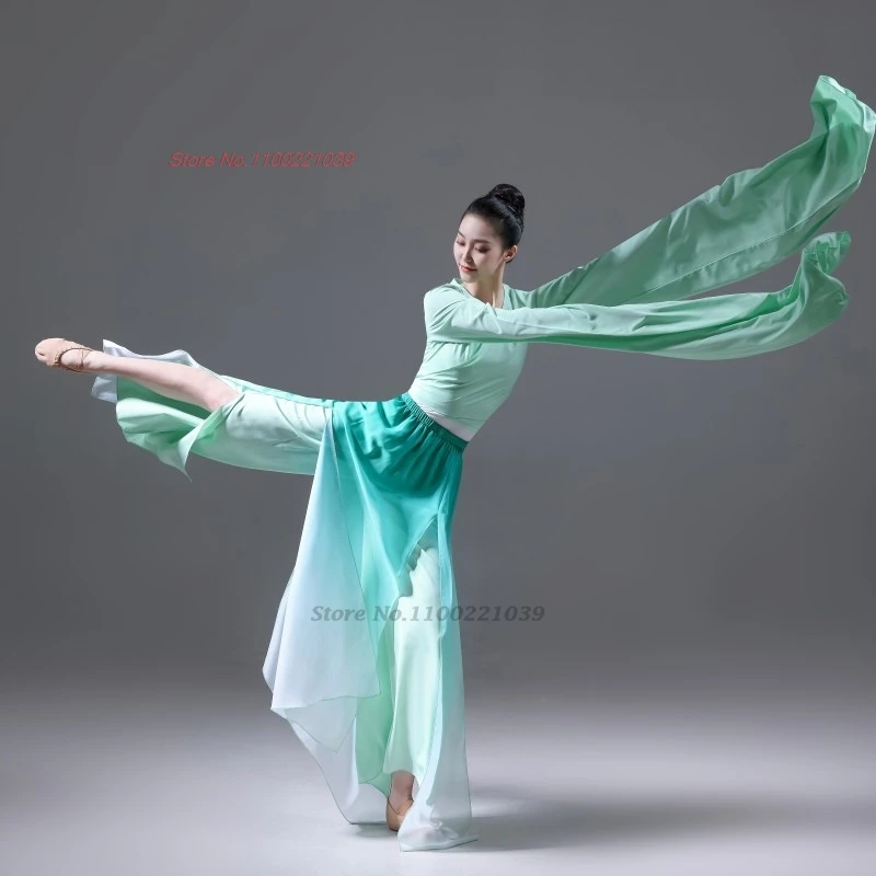 2025 chinese vintage dance costume national gradient color chiffon tops+pants traditional stage performance practice dance suit