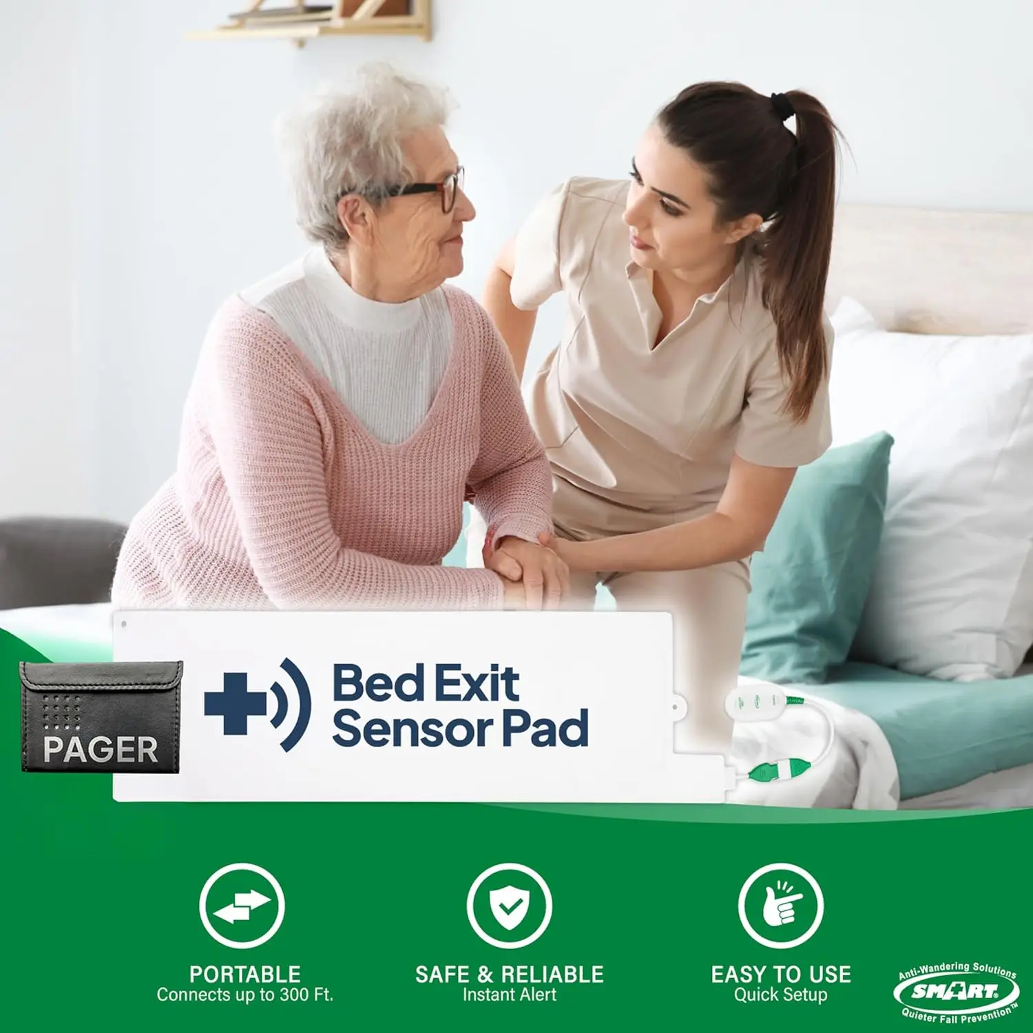 Wireless Bed Exit Alarm with Pager for Seniors - Fall Prevention Alert System, USA Support