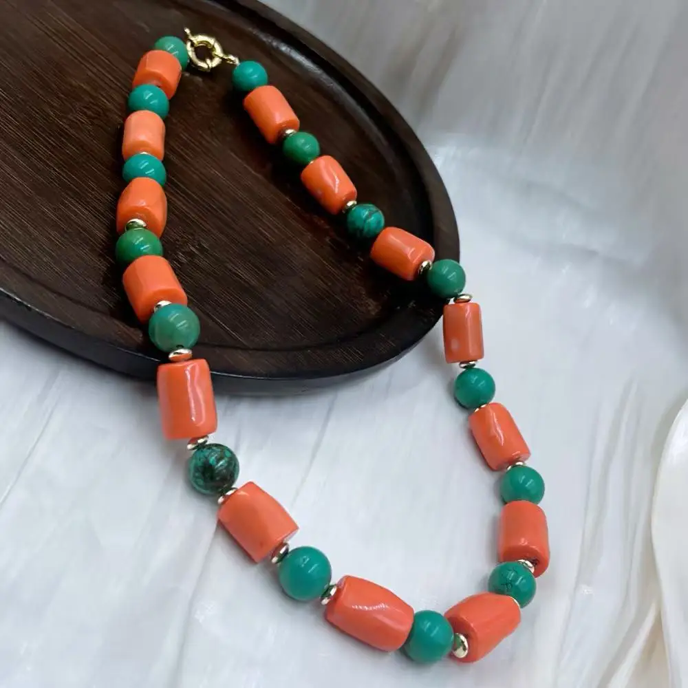 

12mm 12-14mm Green Turquoise Men Women Natural Sea Bamboo Orange Coral Beads Necklace 17-20inch