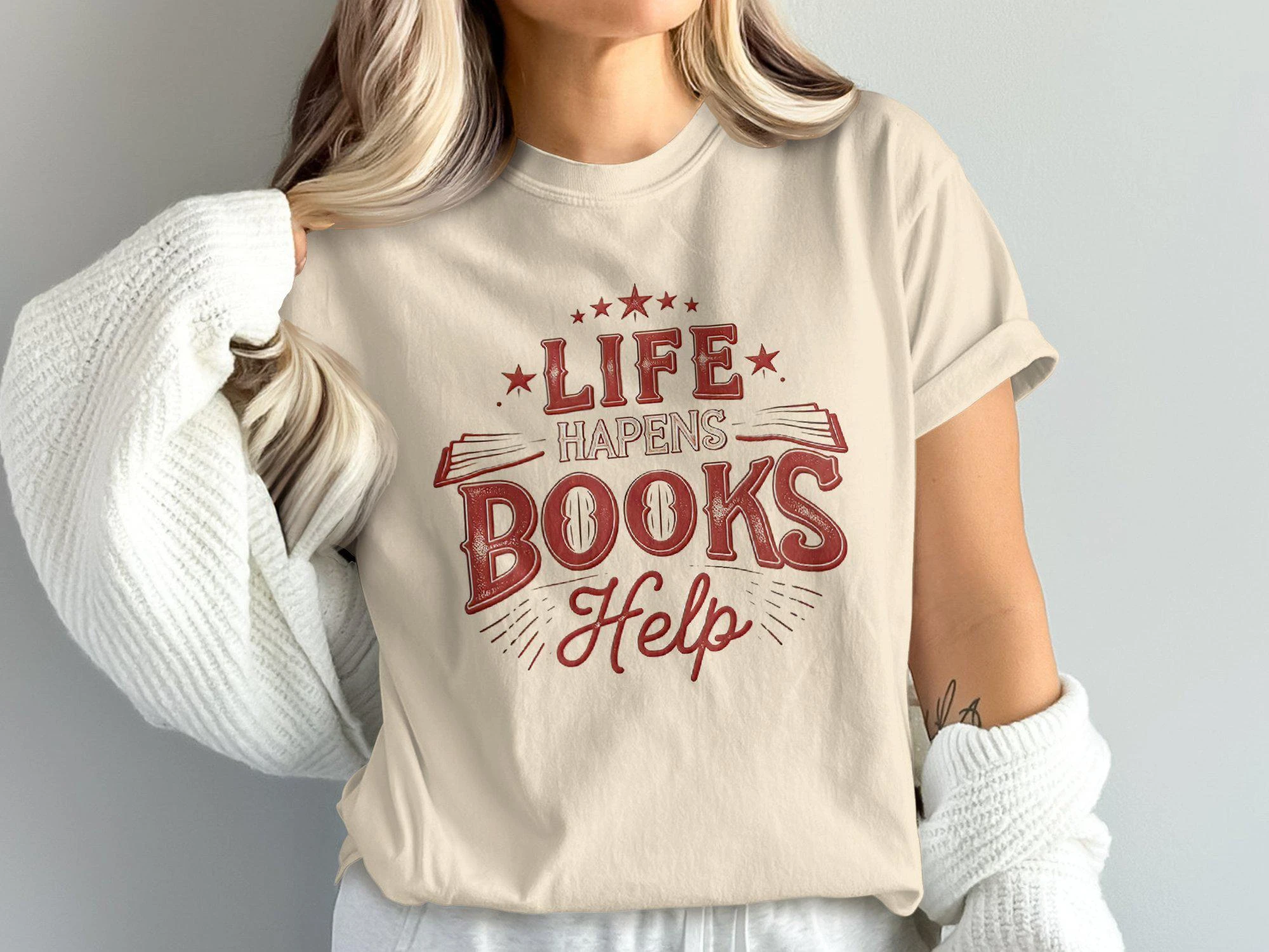 Life Hapens Books Help T-Shirt Women's Summer Tracksuit Crew Neck Short Sleeve Tops Casual Cotton Sportswear Harajuku Retro Tees