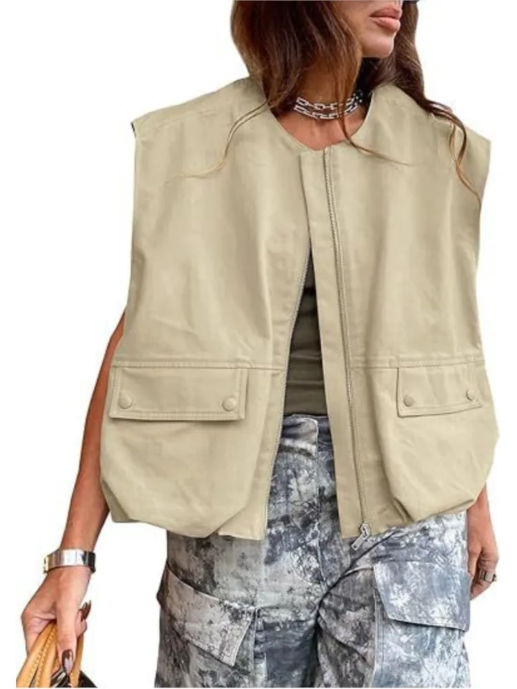 Women's Zip Up Vest Fashion Sleeveless Loose Jacket Solid Color Oversized Jackets 2025 Spring Autumn Casual Street Style Tops