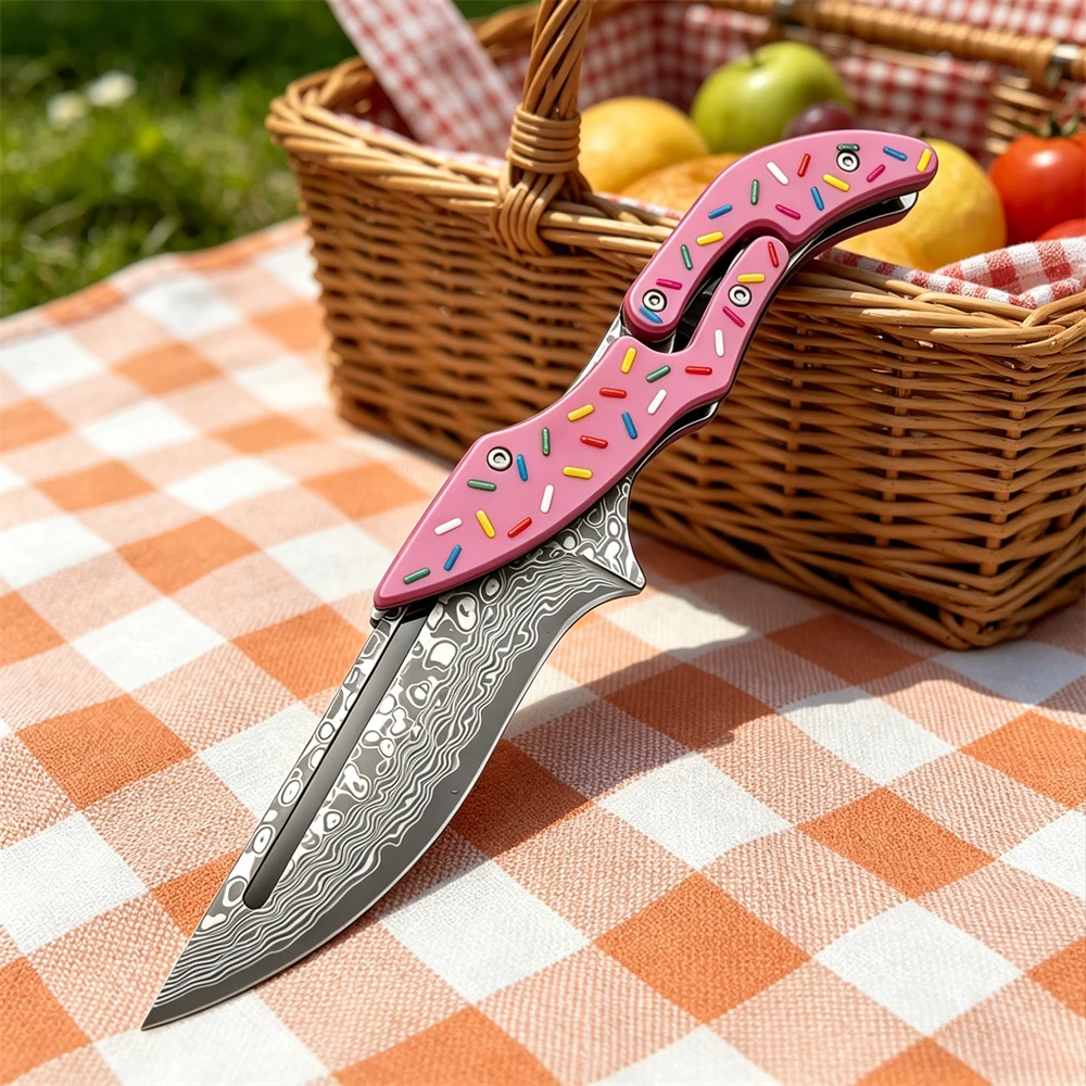 2026 NEW Donut Warrior Folding Pocket Knife Damascus Steel Blade G10 Handle EDC Outdoor Camping Portable Survival Cutting Tools