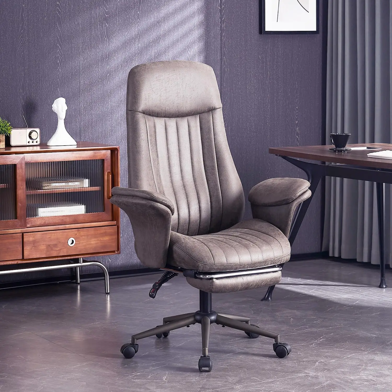 Home Office Use, Faux Suede Leather Material, Grey Color, Ergonomic with Footrest, Mid-Century Modern Luxury Design
