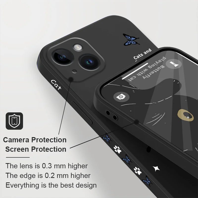 Cat Butterfly Phone Case For iPhone 16 15 14 13 12 11 X XR XS Plus Pro Max Mini Silicone Cover