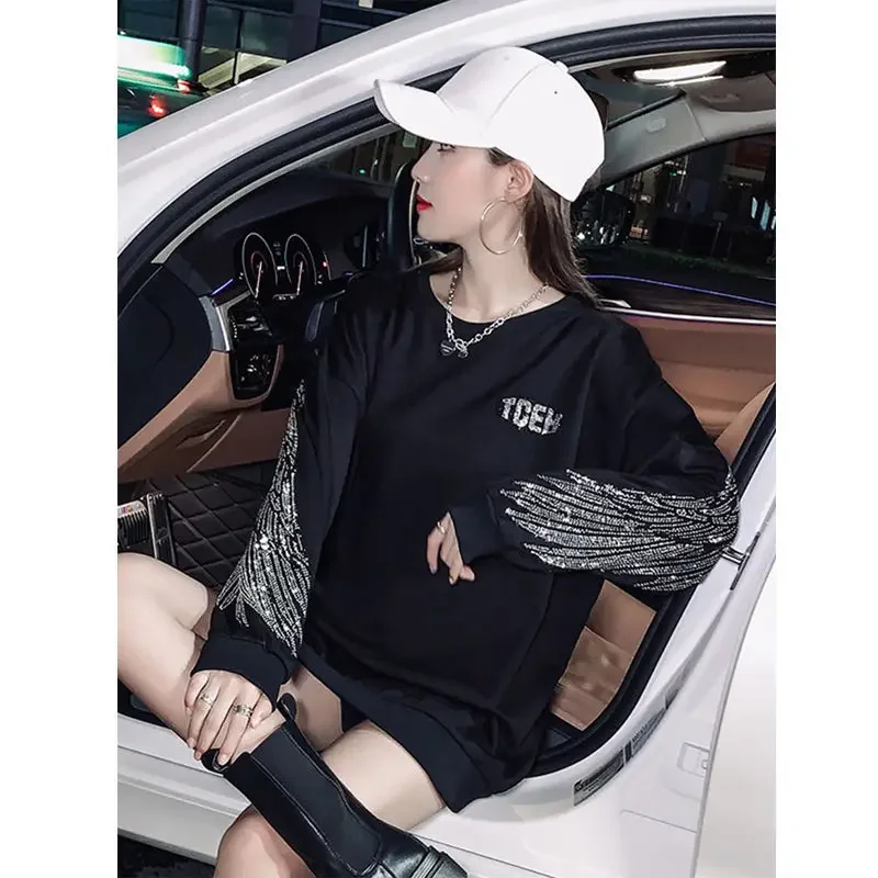 Female Streetwear Sweatshirt Rhinestone Women\'s Sweat-shirt Graphic Spring Autumn Pullover Aesthetic Korean Fashion Crewneck Top