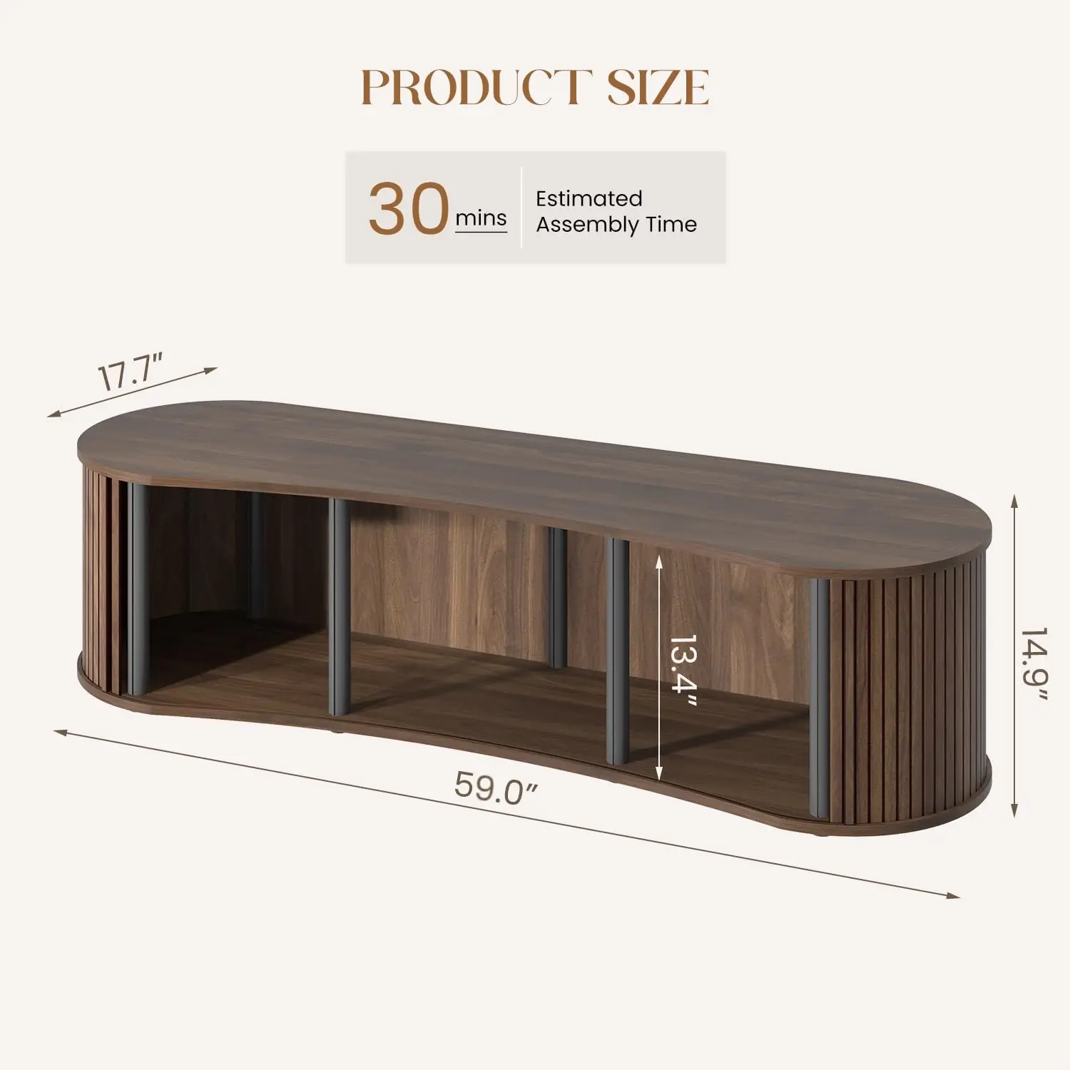 Soporte de TV moderno de mediados de siglo con almacenamiento, consola multimedia de nogal de 59 pulgadas para entretenimiento en la sala de estar