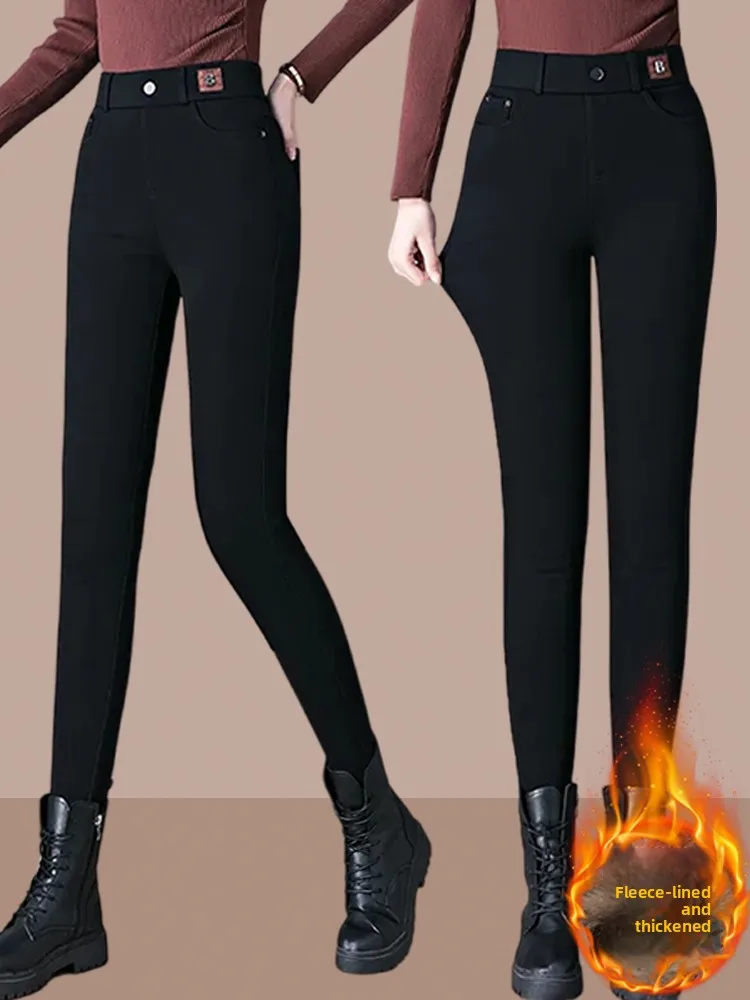 

High Waist Thiened Fce Lined Skinny Jeans Women's Casual Straight Leg Pants Elastic Waist Boting Trousers