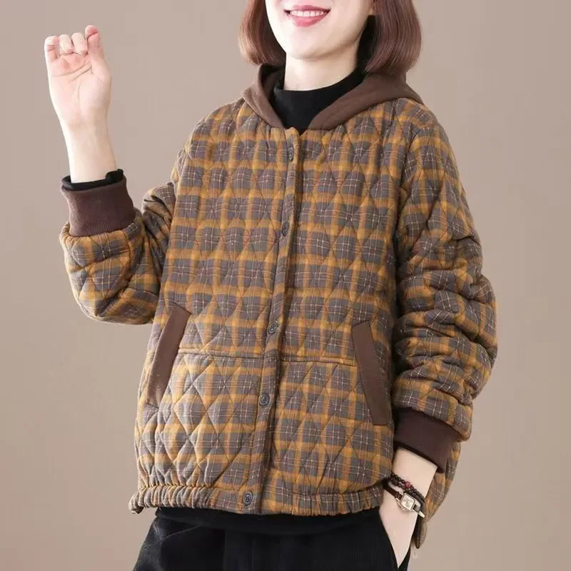 

Ladies New Autumn And Winter Plaid Cotton-Padded Clothes Printed Diamond Plaid Hooded Ladies Comfortable Cotton-Padded Clothes