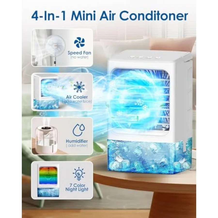 Mini Air Conditioner Small Portable AC Unit Portable Air Conditioners with 1500ml spray/hour 3 Speed Wind and 7 Colorful LED Li