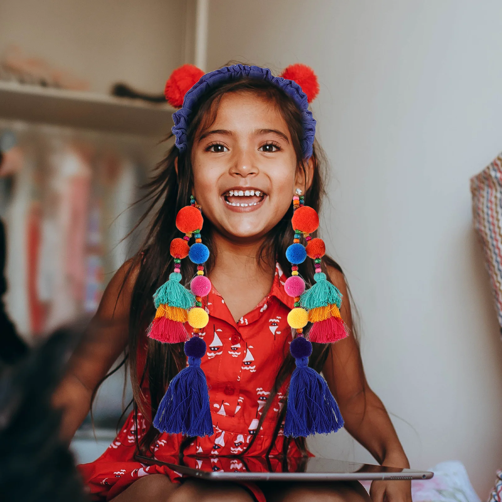 

Vintage Pleated Headband for Baby Girls Ethnic Style Hair Bands Colorful Tassels Pom Poms Cute Hair Accessories