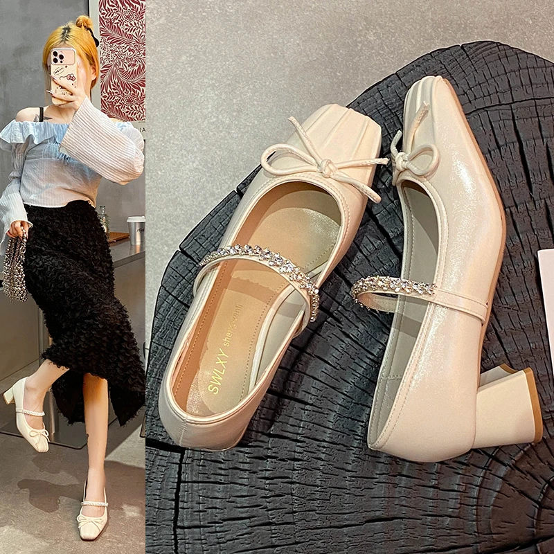 2025 الفرنسية ريترو جين أحذية امرأة البيج أحذية أنيقة الراحة تنوعا Bowknot واحدة chaussure فام