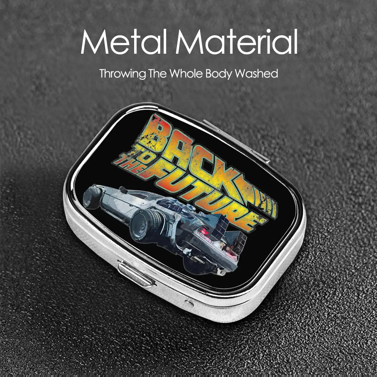 العودة إلى المستقبل صندوق حبوب معدنية مدمج لفيلم كوميدي الخيال العلمي 2-مقسم حاوية منظم حبوب مربع للمحفظة #5