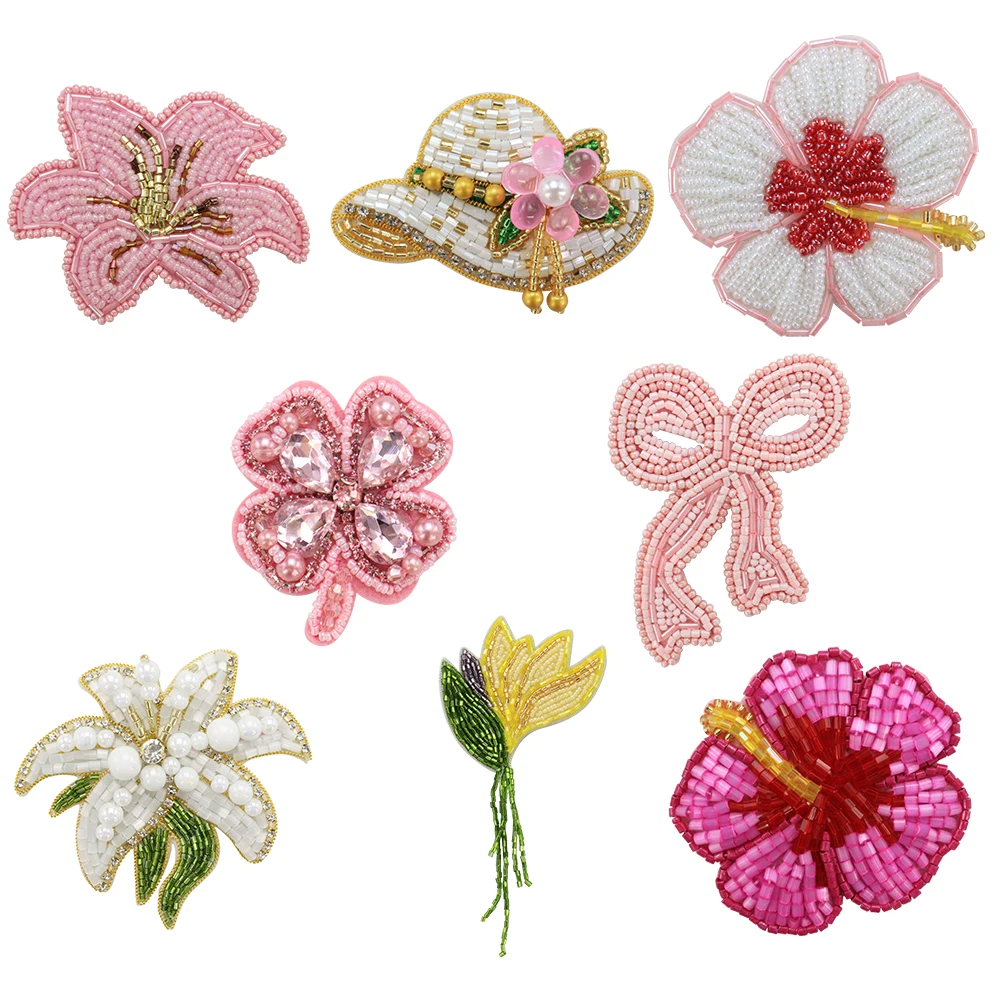 Exquisito lazo con cuentas, apliques de flores, parches de diamantes de imitación DIY para ropa, bolsa, accesorios de costura, decoración artesanal