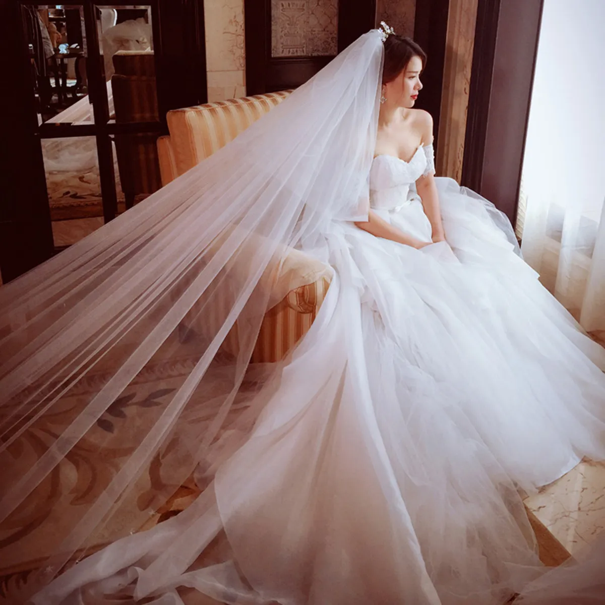 

Длинная свадебная фата из тюля, однослойная, для невесты, в стиле капелла/катедрала, с боковым гребнем, комфортная посадка