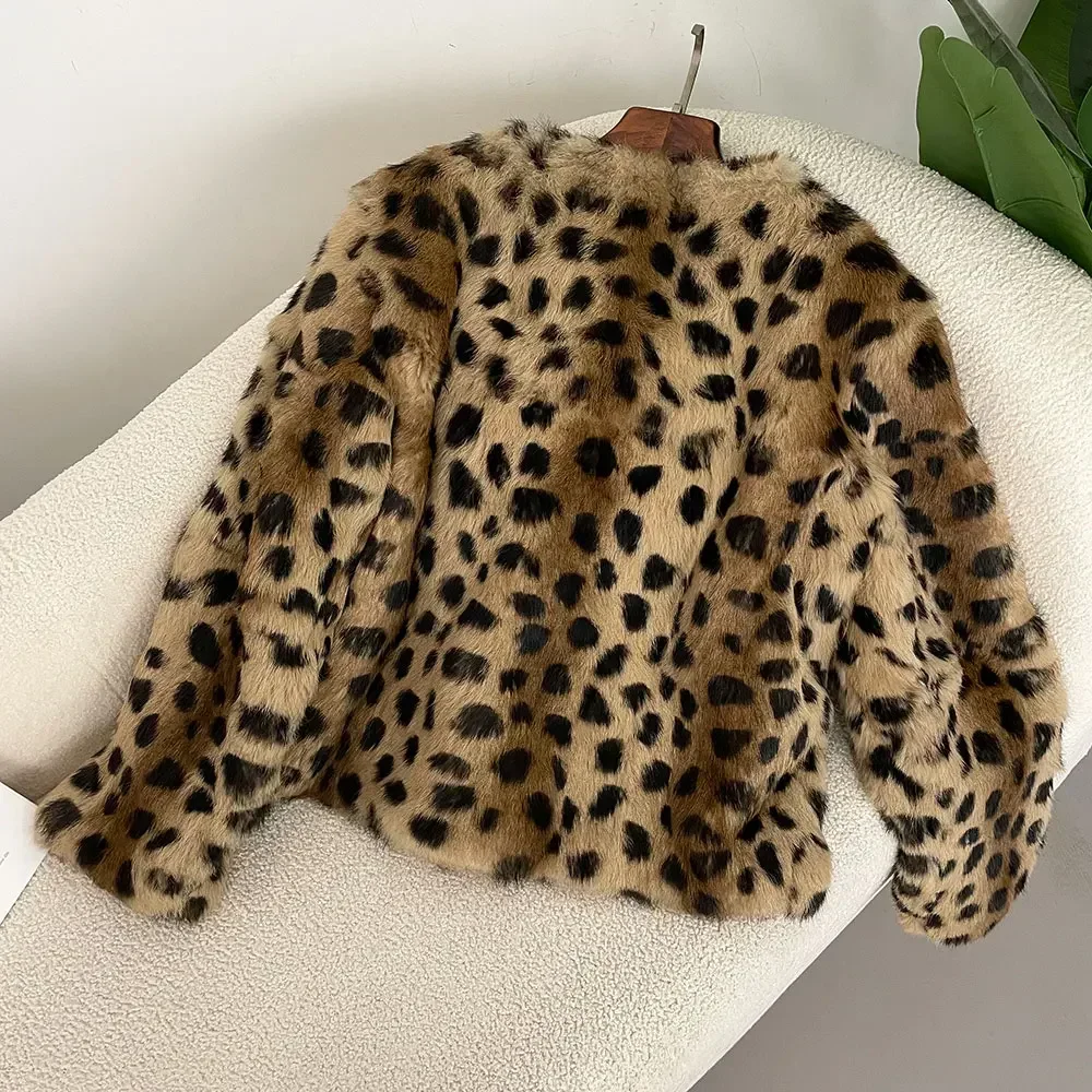 European Fashion Casual Fur Jacket Women\'s Thickened Warm Real Fur Coat Autumn Winter Leopard Print V-Neck Lazy Rabbit Fur Coat