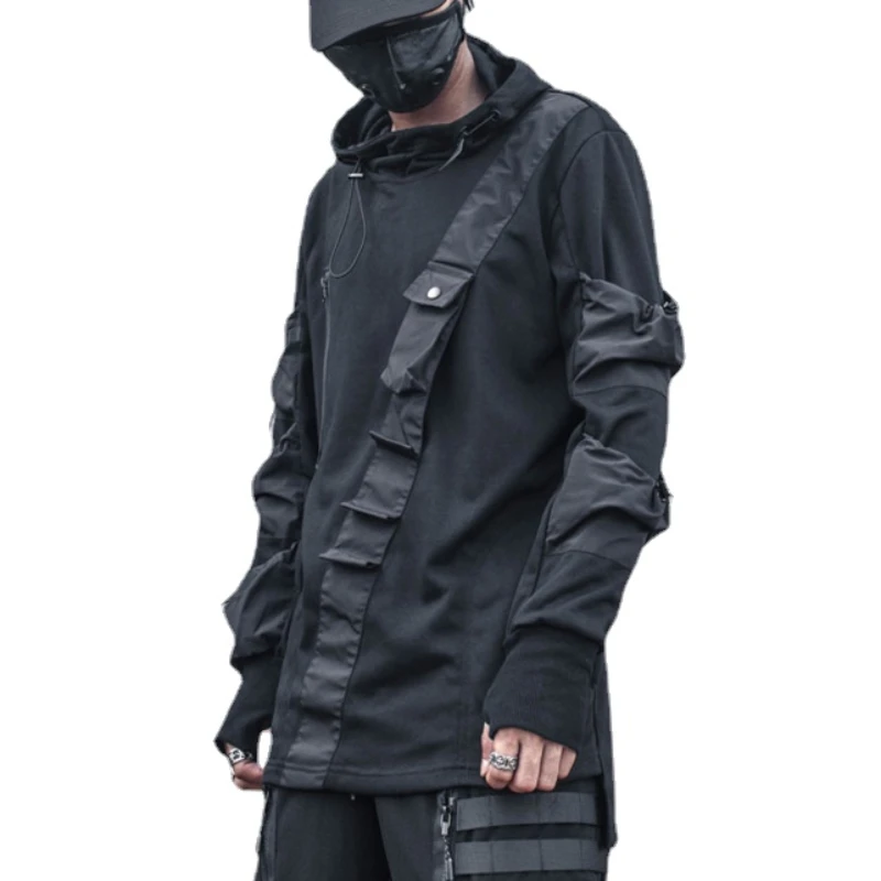 

Dark Fashion Autumn Woman Clothes Techwear Style Multi-Pocket Hooded Sweater Men Drawstring Loose T-shirt Bottoming Shirt