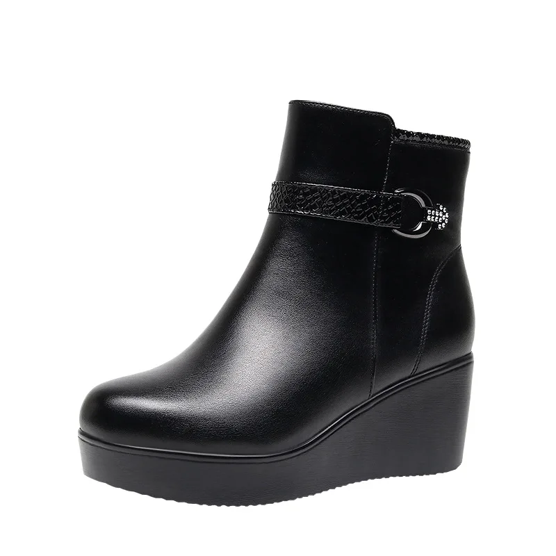 6cm Small Size 32-43 Comfortable Thick Bottom Platform Wedges Shoes Winter 2026 Med Heels Soft Leather Ankle Boots Office Mom